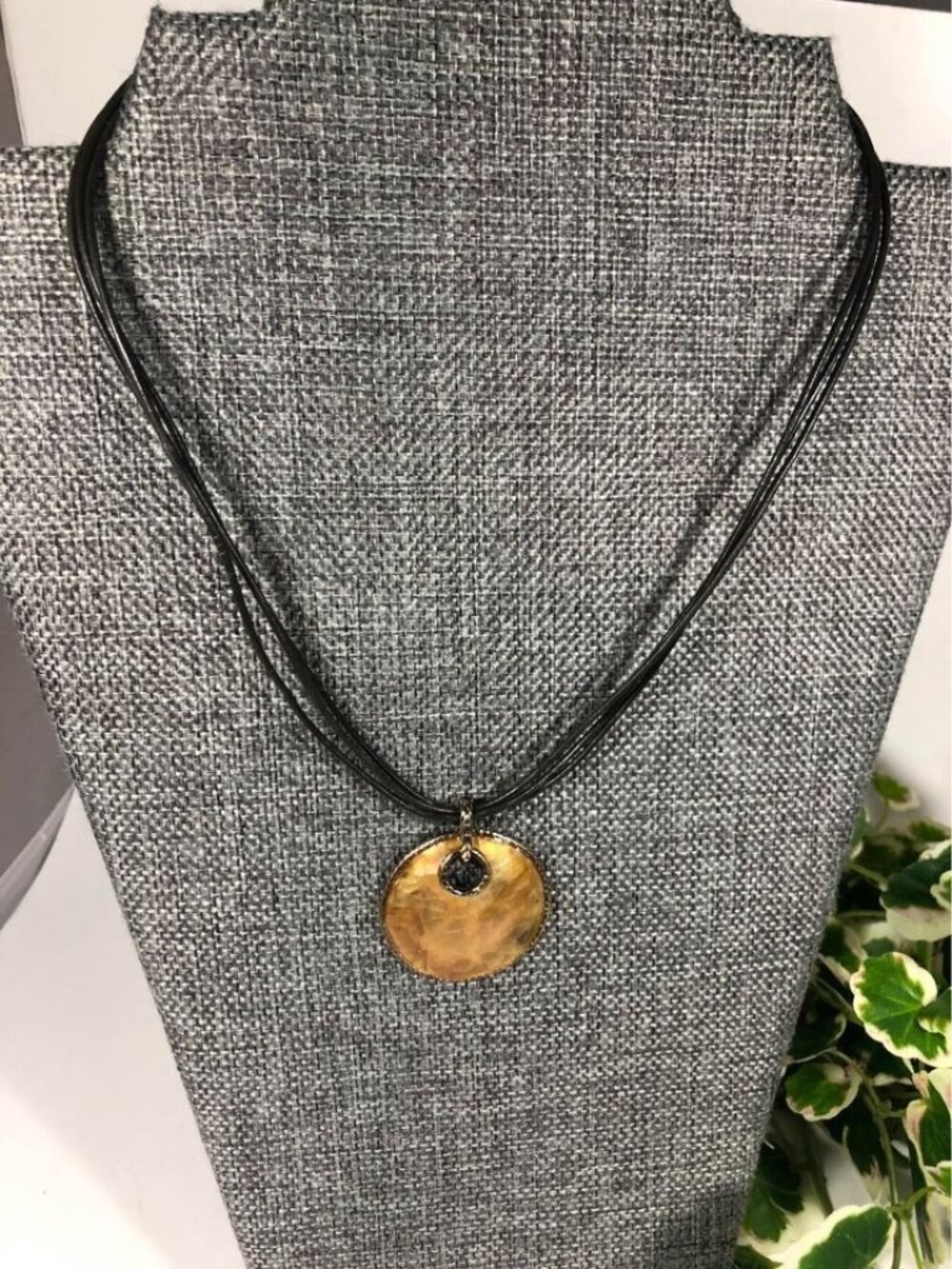 Monet Abalone Round Metal Pendant Black Cord Necklace Gold Tone Modern Chic VTG